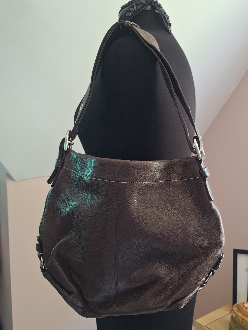 Coach F15064 Brown Pebbled Leather Shoulder Bag Hobo Bag Purse
